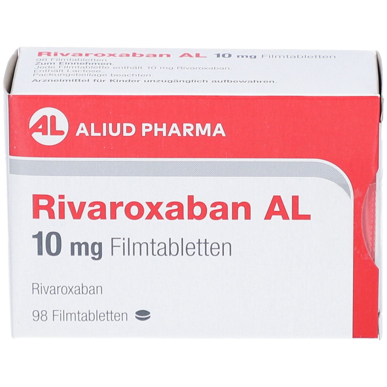 Schachtel RIVAROXABAN AL 10 mg Filmtabletten. AL-Logo, Produktname, Dosierung, Packungsgröße: 98 Tabletten. Draufsicht.