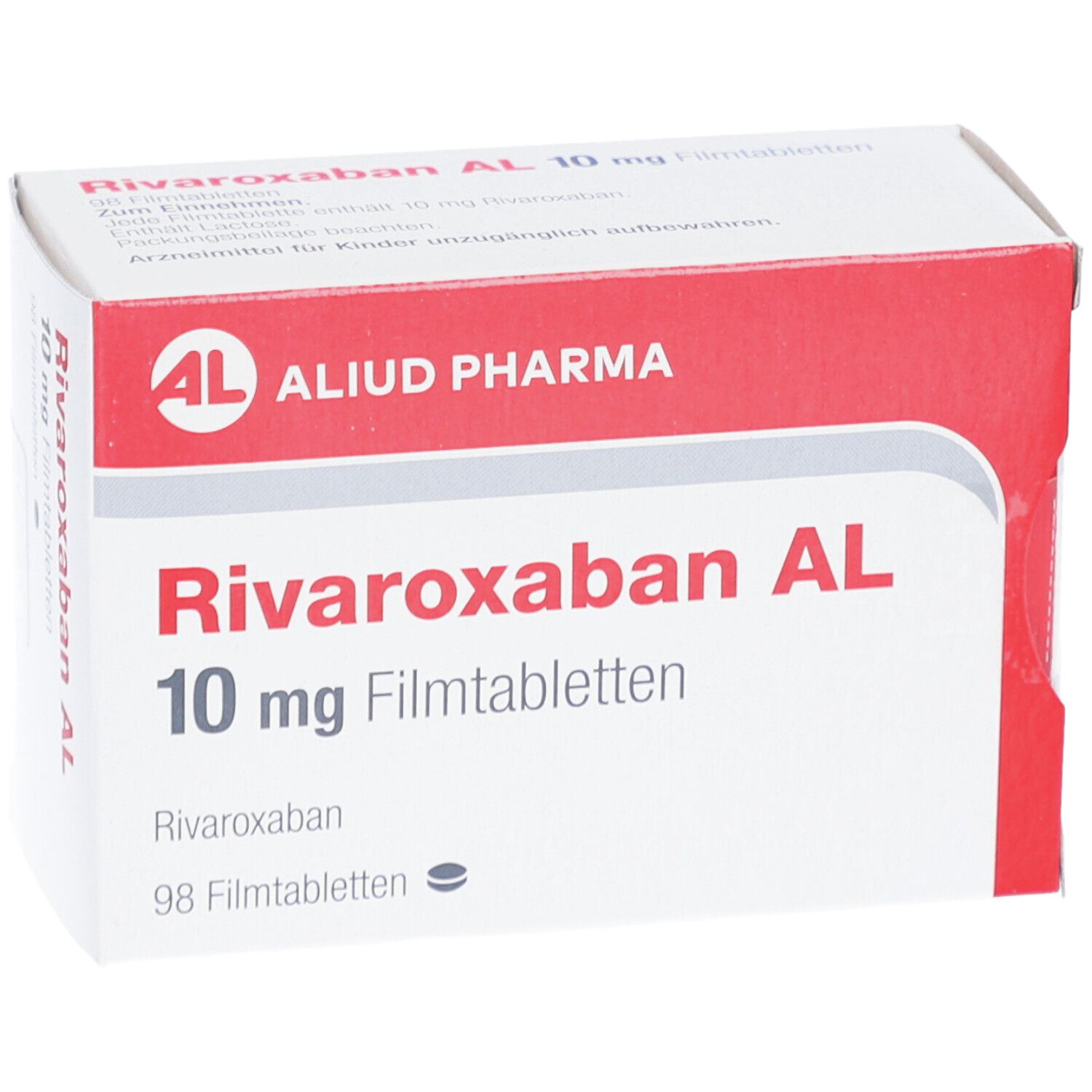 Schachtel RIVAROXABAN AL 10 mg Filmtabletten. AL-Logo, Produktname, Dosierung, Packungsgröße: 98 Tabletten. Perspektivische Ansicht.