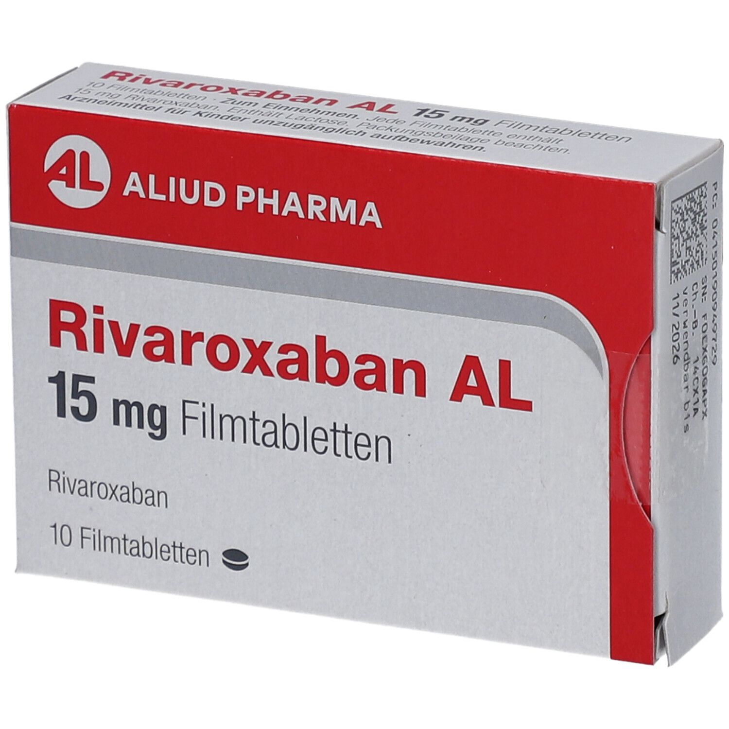 Schachtel mit RIVAROXABAN AL 15 mg Filmtabletten. Aufschrift: ALIUD PHARMA, 10 Filmtabletten.