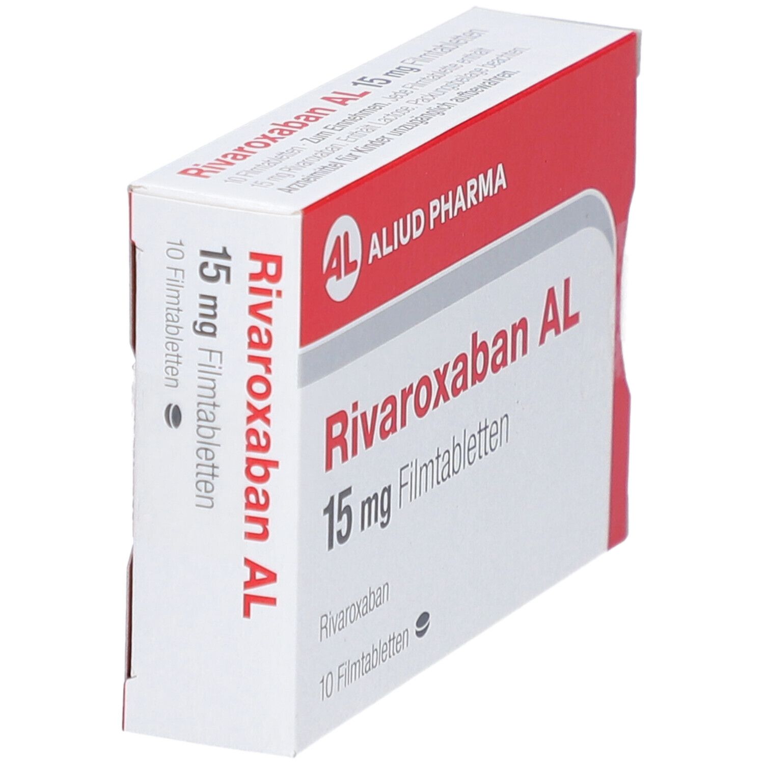 Schachtel mit RIVAROXABAN AL 15 mg Filmtabletten. Aufschrift: ALIUD PHARMA, 10 Filmtabletten.