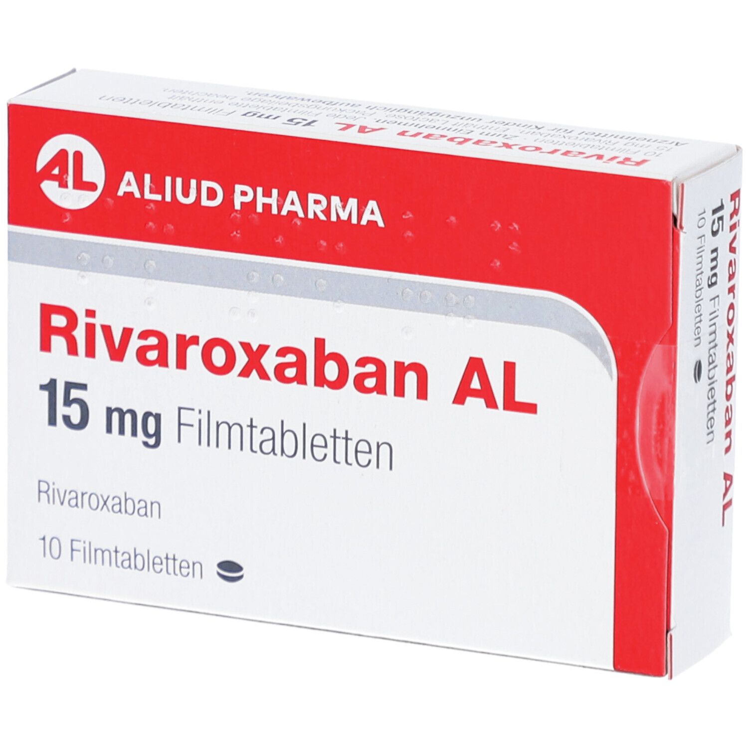 Schachtel mit RIVAROXABAN AL 15 mg Filmtabletten. Aufschrift: ALIUD PHARMA, 10 Filmtabletten.