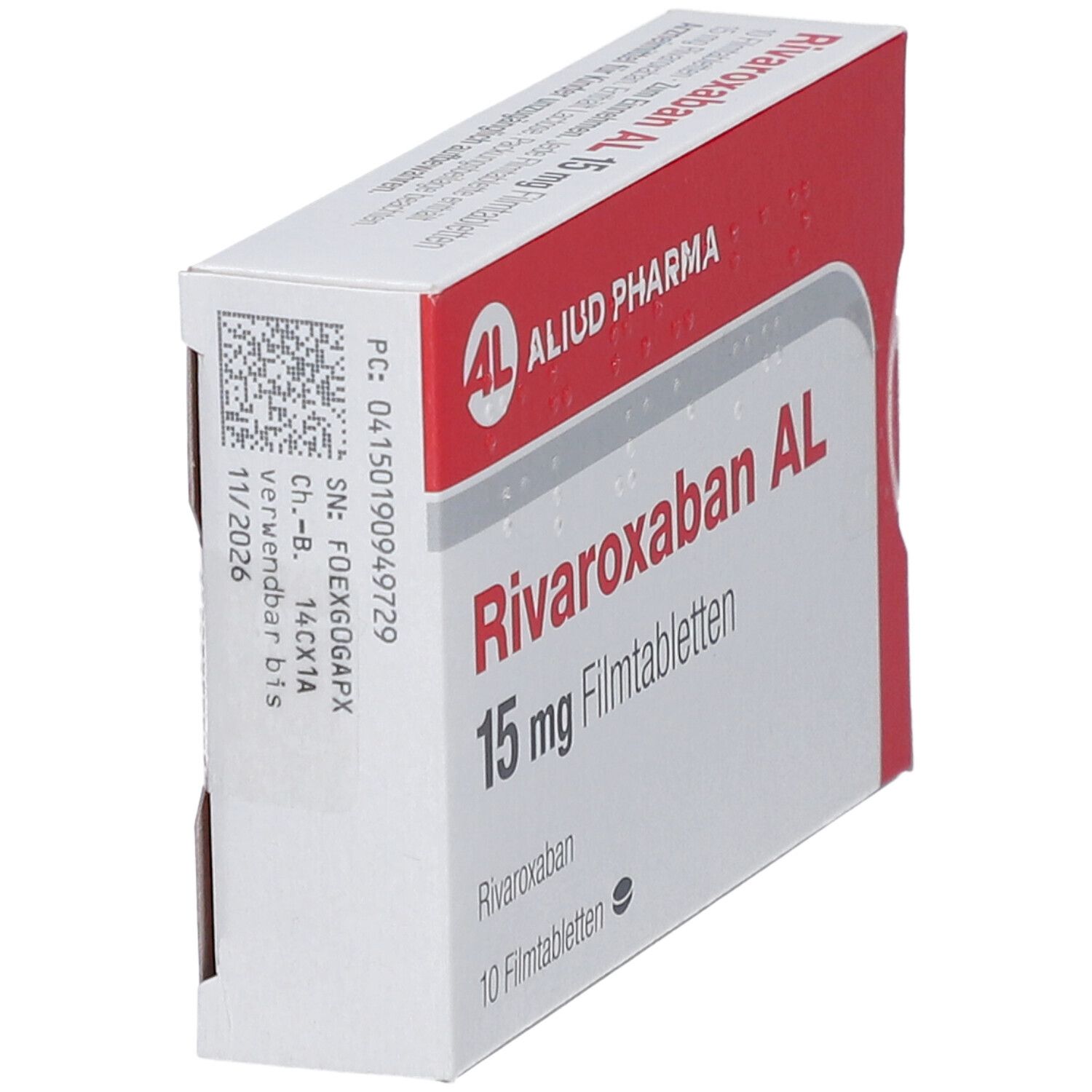Schachtel mit RIVAROXABAN AL 15 mg Filmtabletten. Aufschrift: ALIUD PHARMA, 10 Filmtabletten.