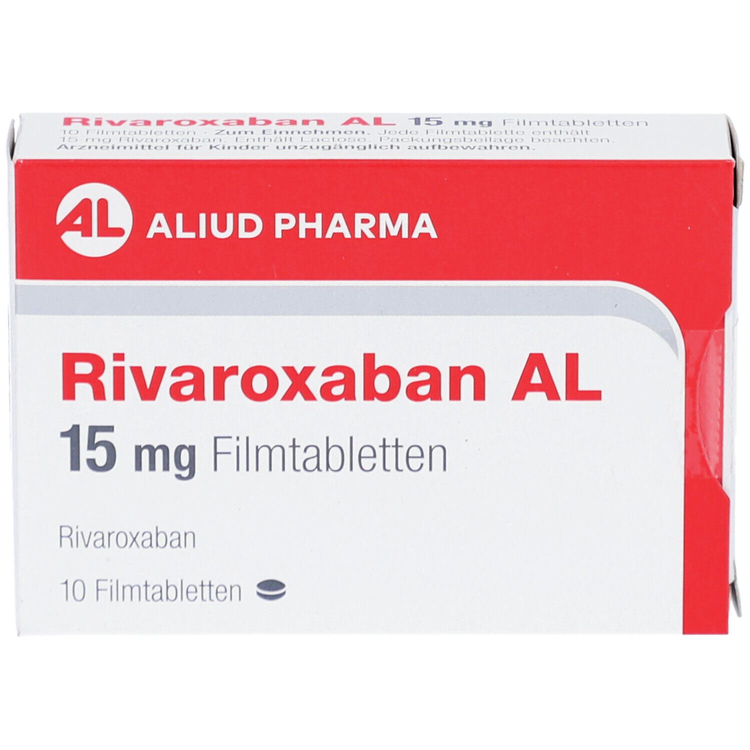 Schachtel mit RIVAROXABAN AL 15 mg Filmtabletten. Aufschrift: ALIUD PHARMA, 10 Filmtabletten.