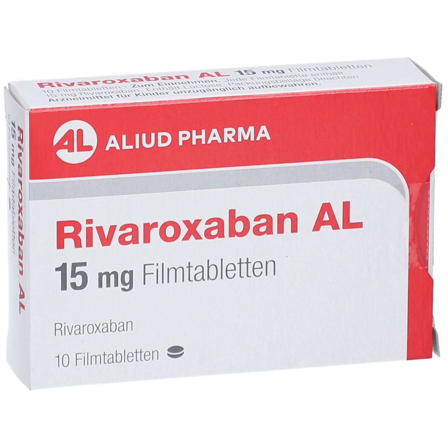 Schachtel mit RIVAROXABAN AL 15 mg Filmtabletten. Aufschrift: ALIUD PHARMA, 10 Filmtabletten.