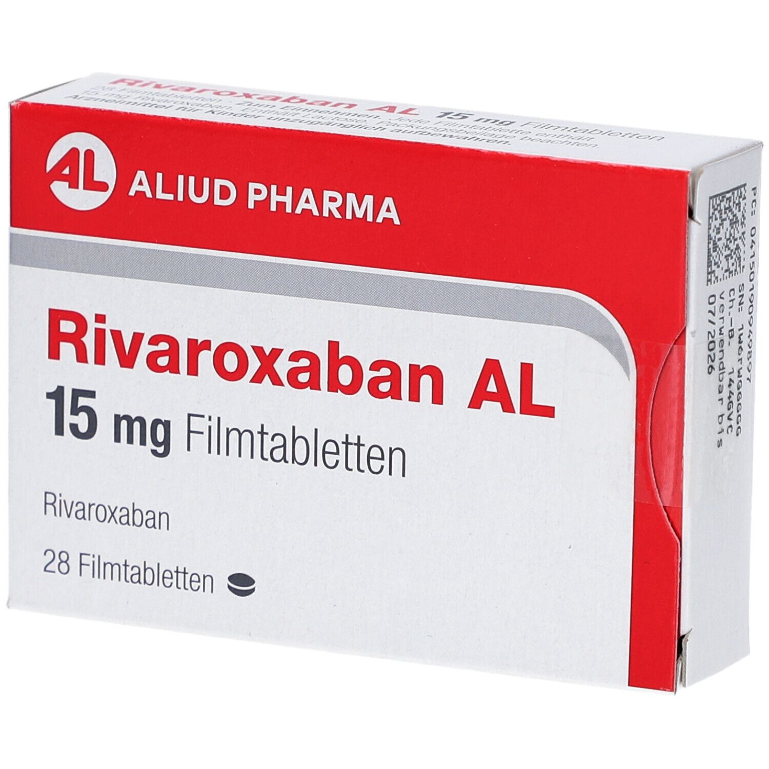 Schachtel mit RIVAROXABAN AL 15 mg Filmtabletten. Rote und weiße Verpackung mit Produktnamen und AL-Logo.