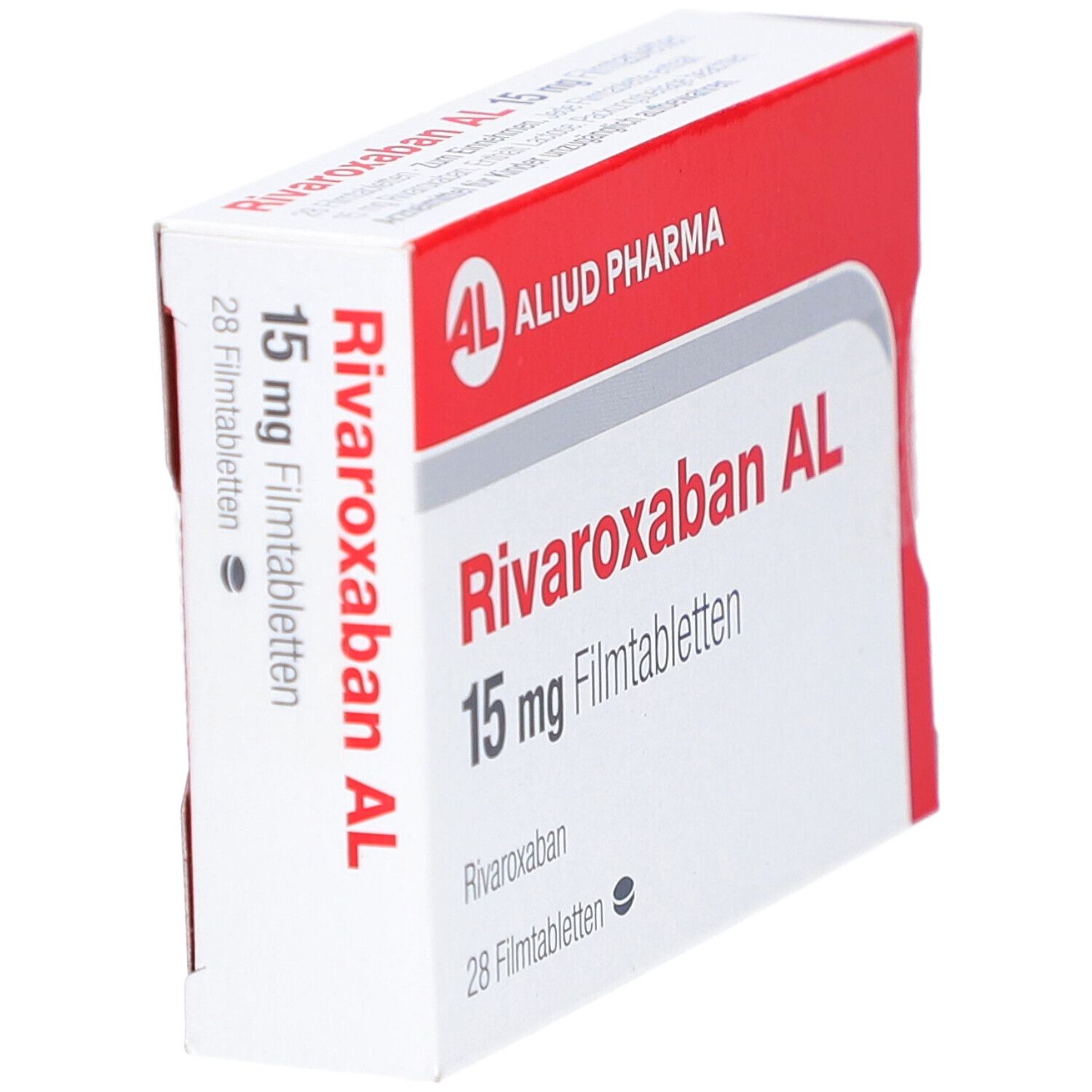 Schachtel RIVAROXABAN AL 15 mg Filmtabletten, schräg. Rote und weiße Verpackung mit Produktnamen und AL-Logo.