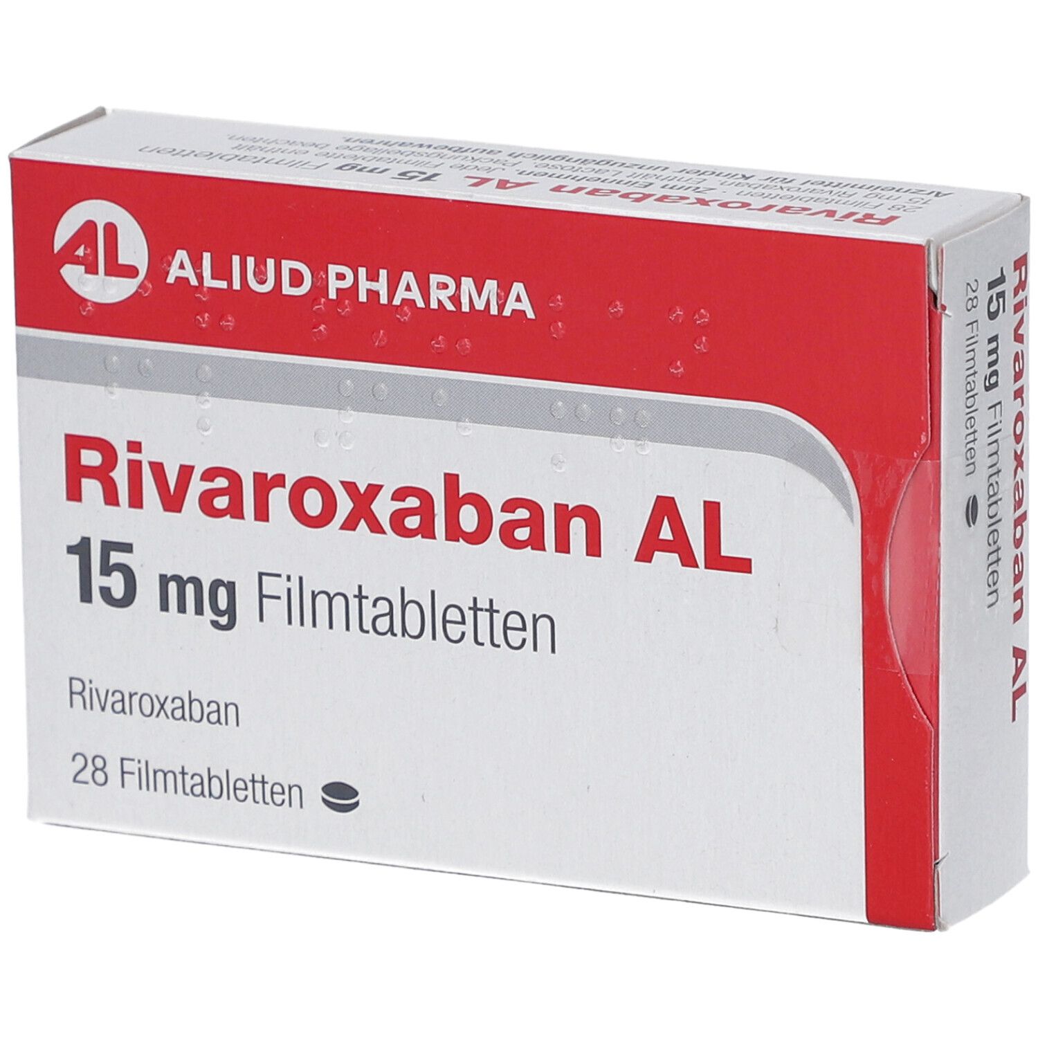 Schachtel RIVAROXABAN AL 15 mg Filmtabletten. Rote und weiße Verpackung mit Produktnamen und AL-Logo.