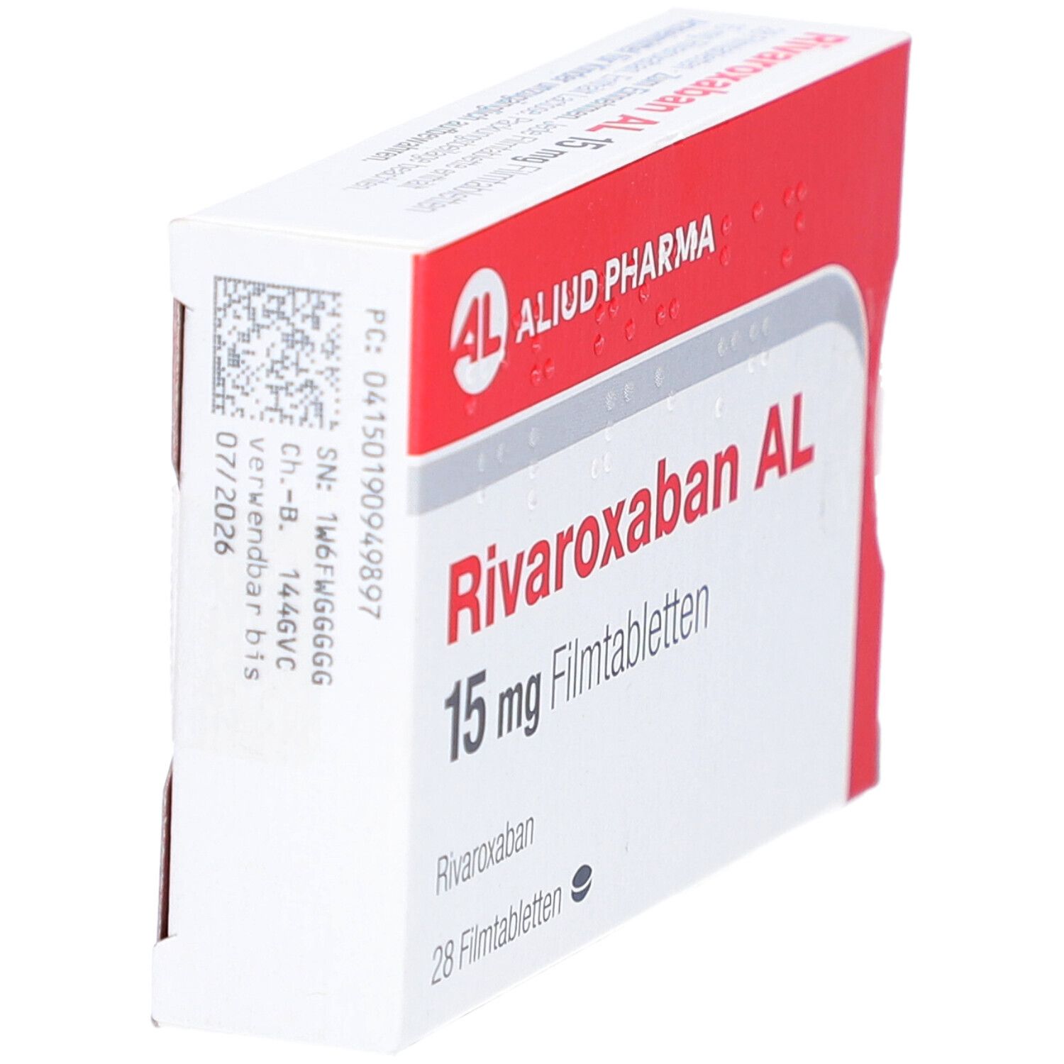 Schachtel RIVAROXABAN AL 15 mg Filmtabletten, schräg. Rote und weiße Verpackung mit Produktnamen und AL-Logo.