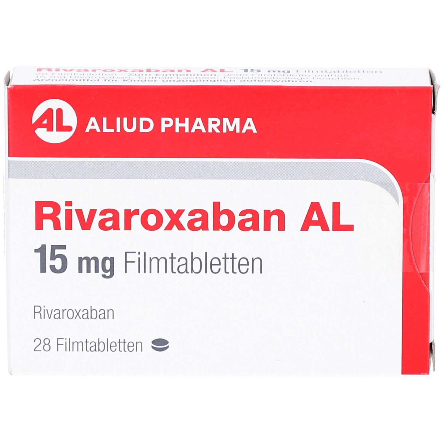 Schachtel RIVAROXABAN AL 15 mg Filmtabletten. Rote und weiße Verpackung mit Produktnamen und AL-Logo.