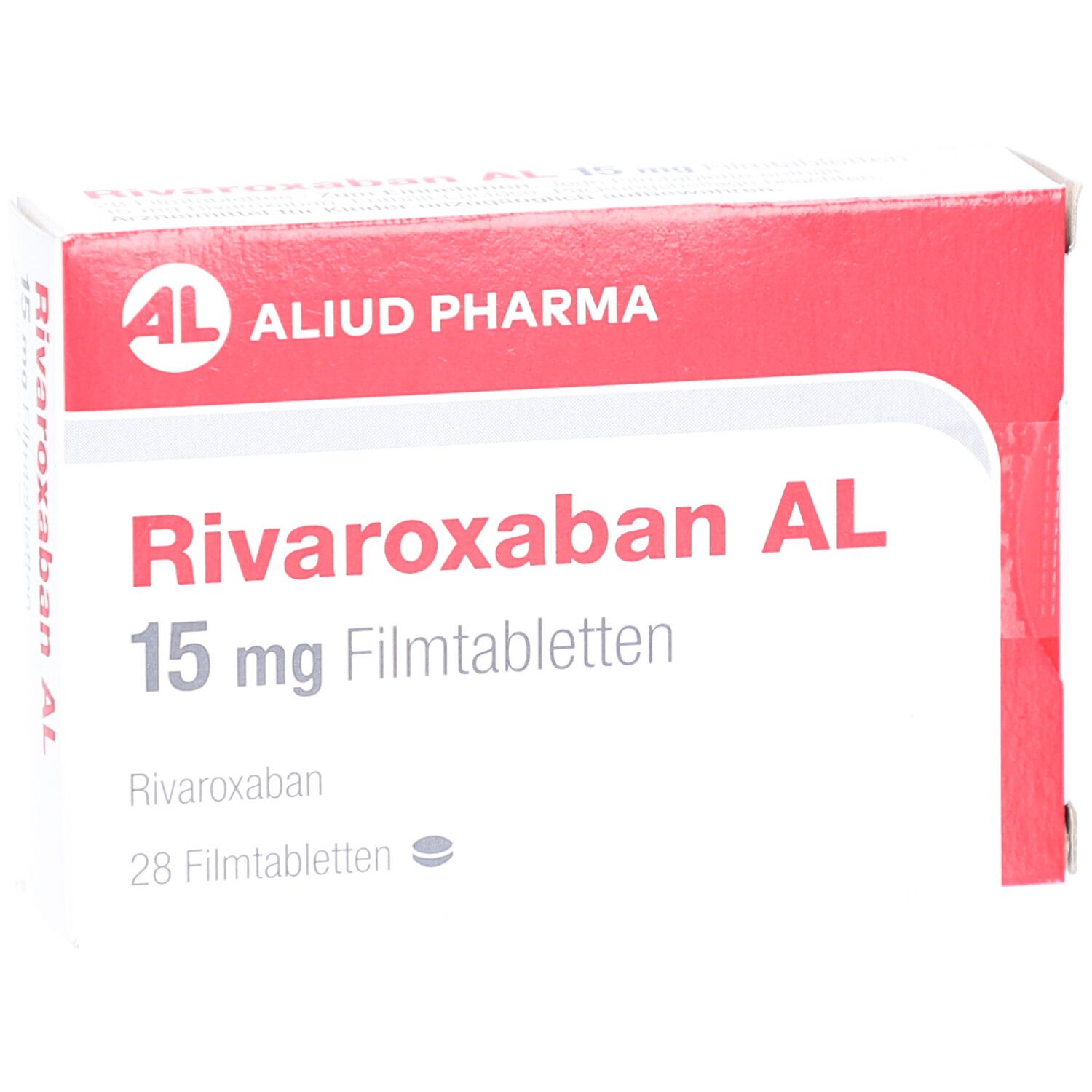 Schachtel RIVAROXABAN AL 15 mg Filmtabletten. Rote und weiße Verpackung mit Produktnamen und AL-Logo.