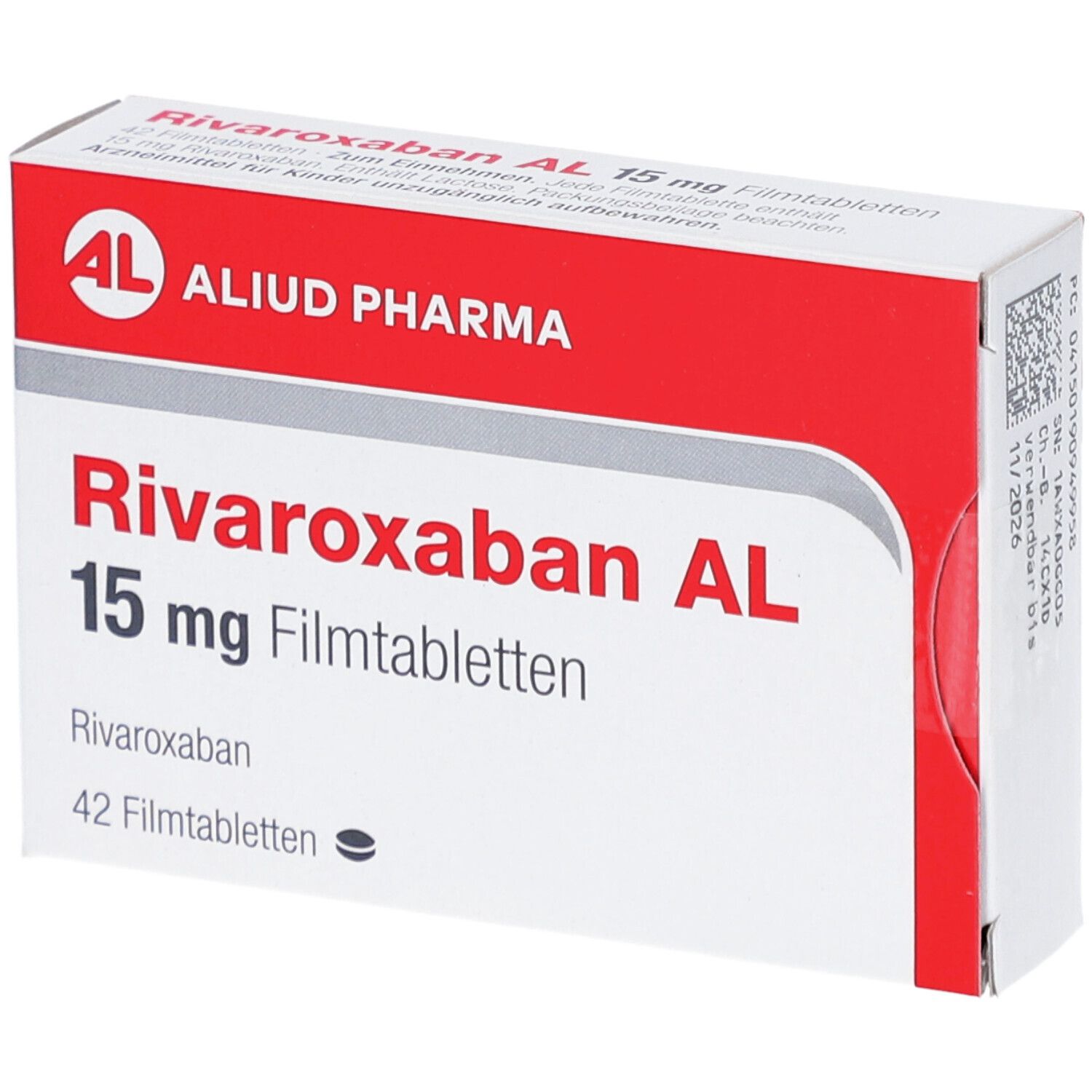 Schachtel mit RIVAROXABAN AL 15 mg Filmtabletten. Aufschrift: AL, ALIUD PHARMA, 15 mg Filmtabletten, 42 Filmtabletten.