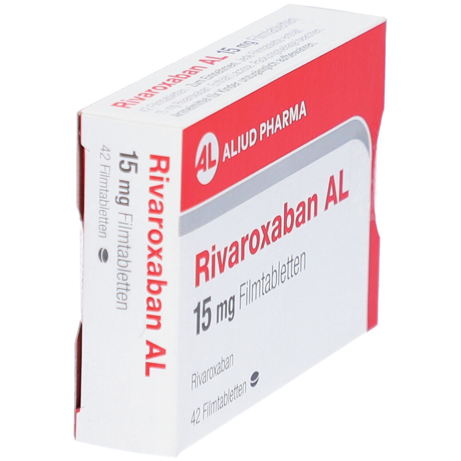 Schachtel RIVAROXABAN AL 15 mg Filmtabletten. Aufschrift: AL, ALIUD PHARMA, 15 mg Filmtabletten, 42 Filmtabletten. Perspektivische Ansicht.