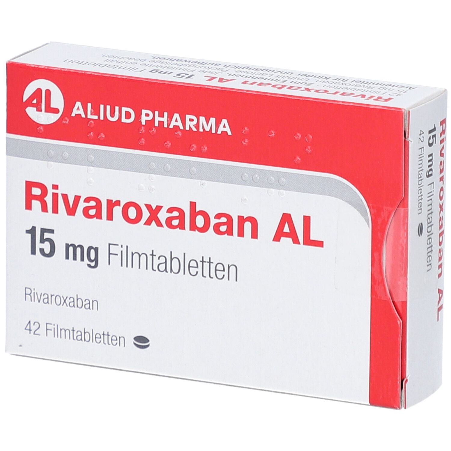 Schachtel RIVAROXABAN AL 15 mg Filmtabletten. Aufschrift: AL, ALIUD PHARMA, 15 mg Filmtabletten, 42 Filmtabletten. Perspektivische Ansicht.