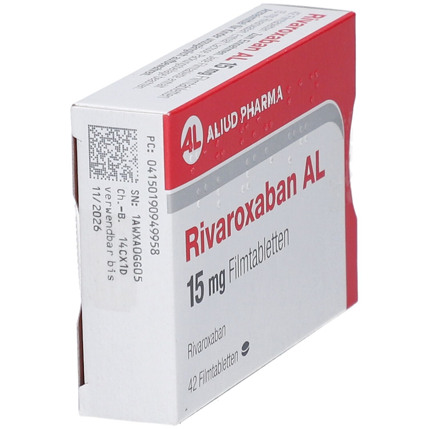 Schachtel RIVAROXABAN AL 15 mg Filmtabletten. Aufschrift: AL, ALIUD PHARMA, 15 mg Filmtabletten, 42 Filmtabletten. Rückseite mit Codes.