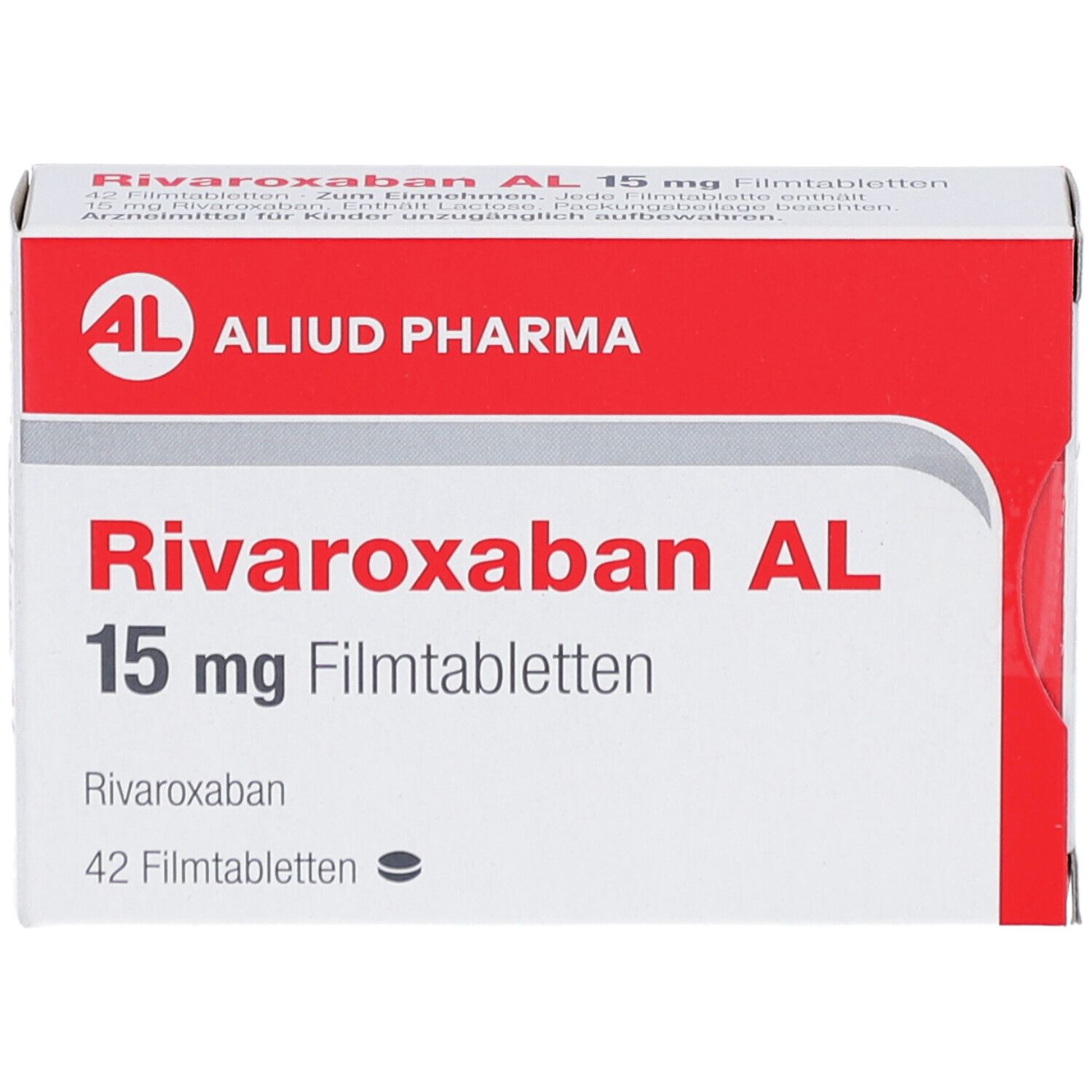 Schachtel RIVAROXABAN AL 15 mg Filmtabletten. Aufschrift: AL, ALIUD PHARMA, 15 mg Filmtabletten, 42 Filmtabletten.