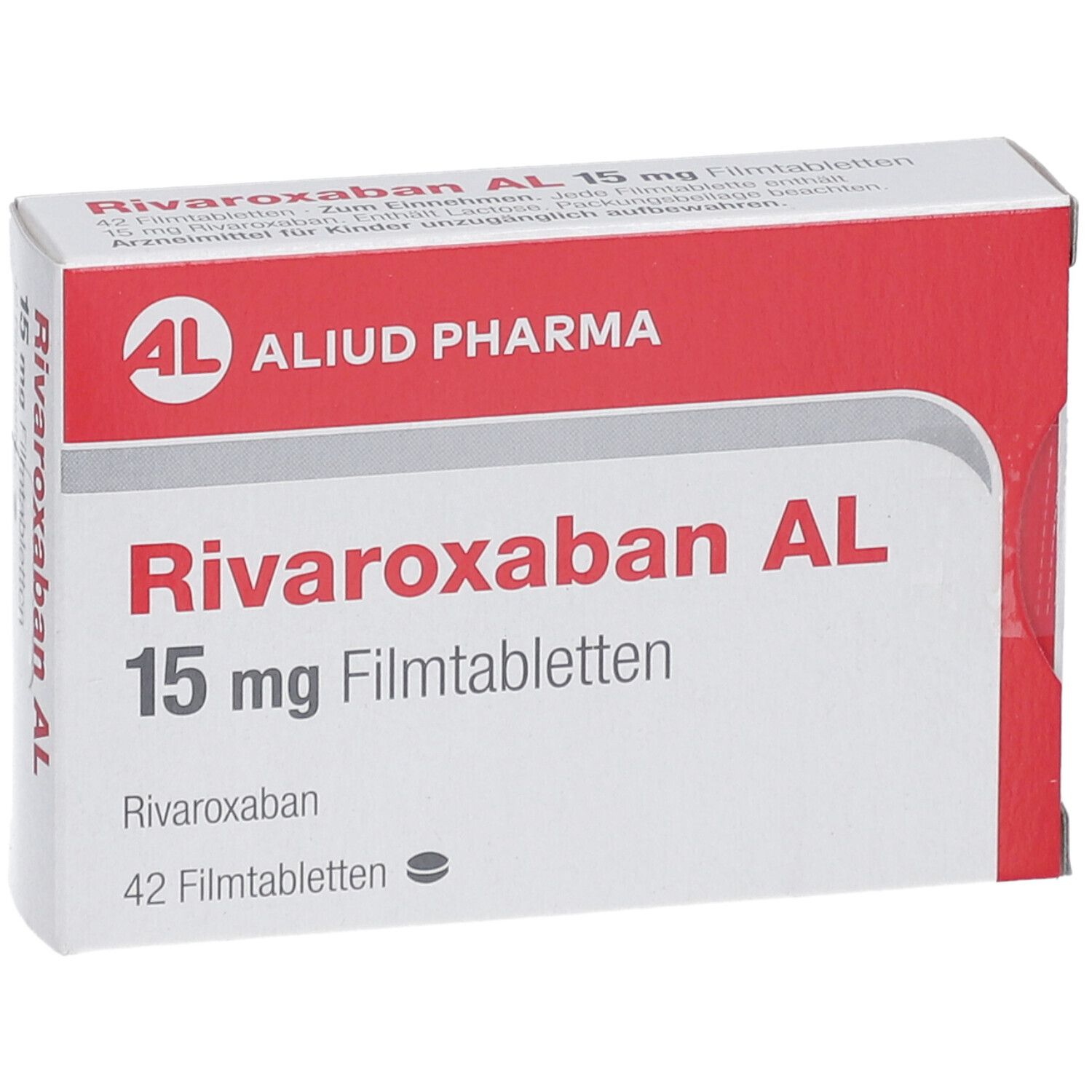Schachtel RIVAROXABAN AL 15 mg Filmtabletten. Aufschrift: AL, ALIUD PHARMA, 15 mg Filmtabletten, 42 Filmtabletten.
