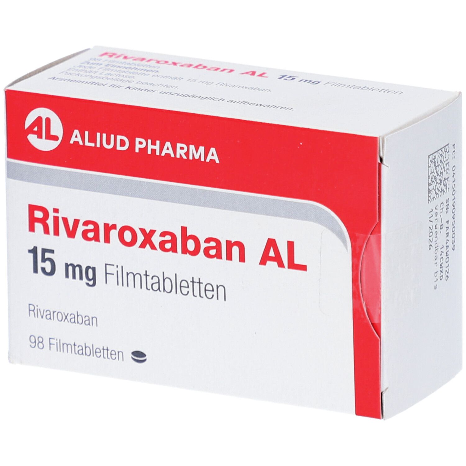 Schachtel mit RIVAROXABAN AL 15 mg Filmtabletten. Rote und weiße Verpackung. AL-Logo. 98 Filmtabletten.