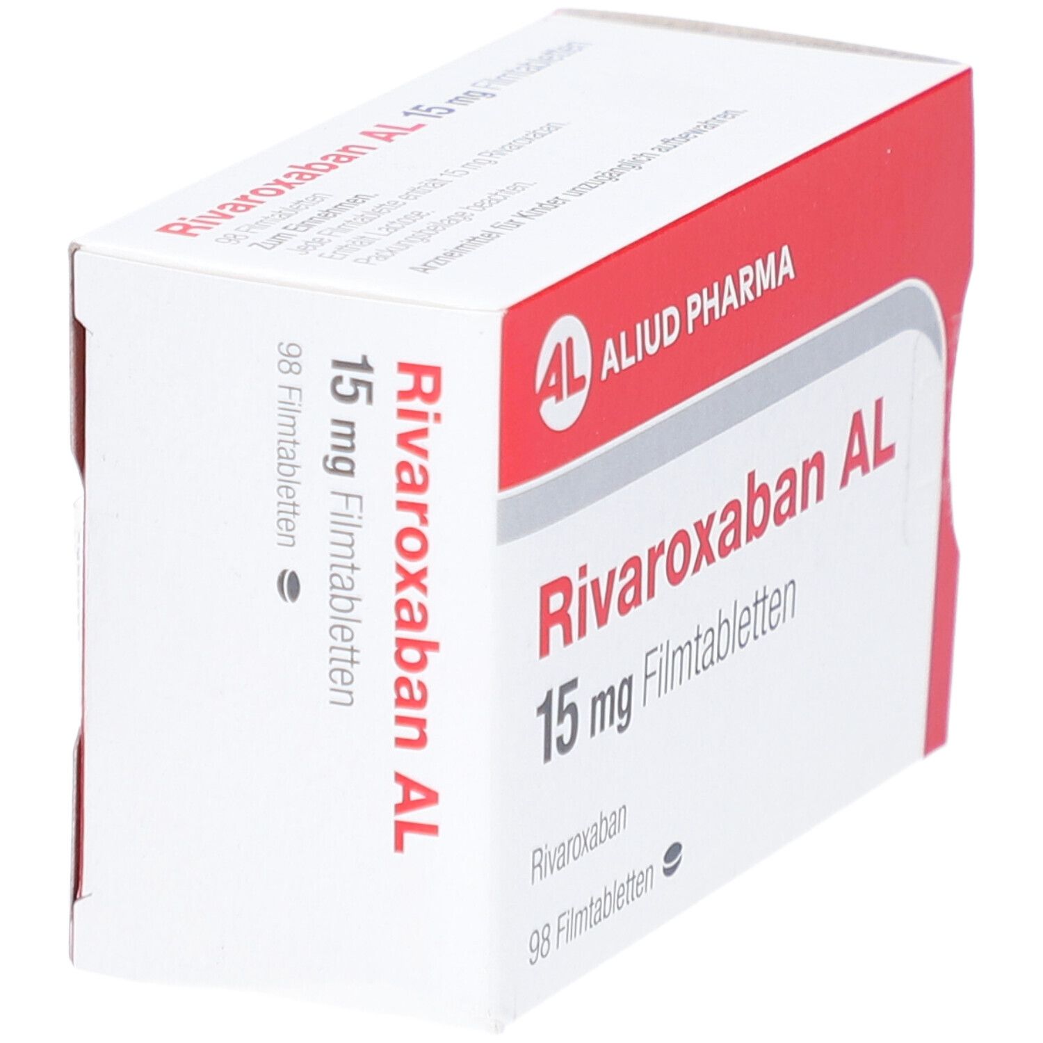 Schachtel mit RIVAROXABAN AL 15 mg Filmtabletten. Rote und weiße Verpackung. AL-Logo. 98 Filmtabletten.