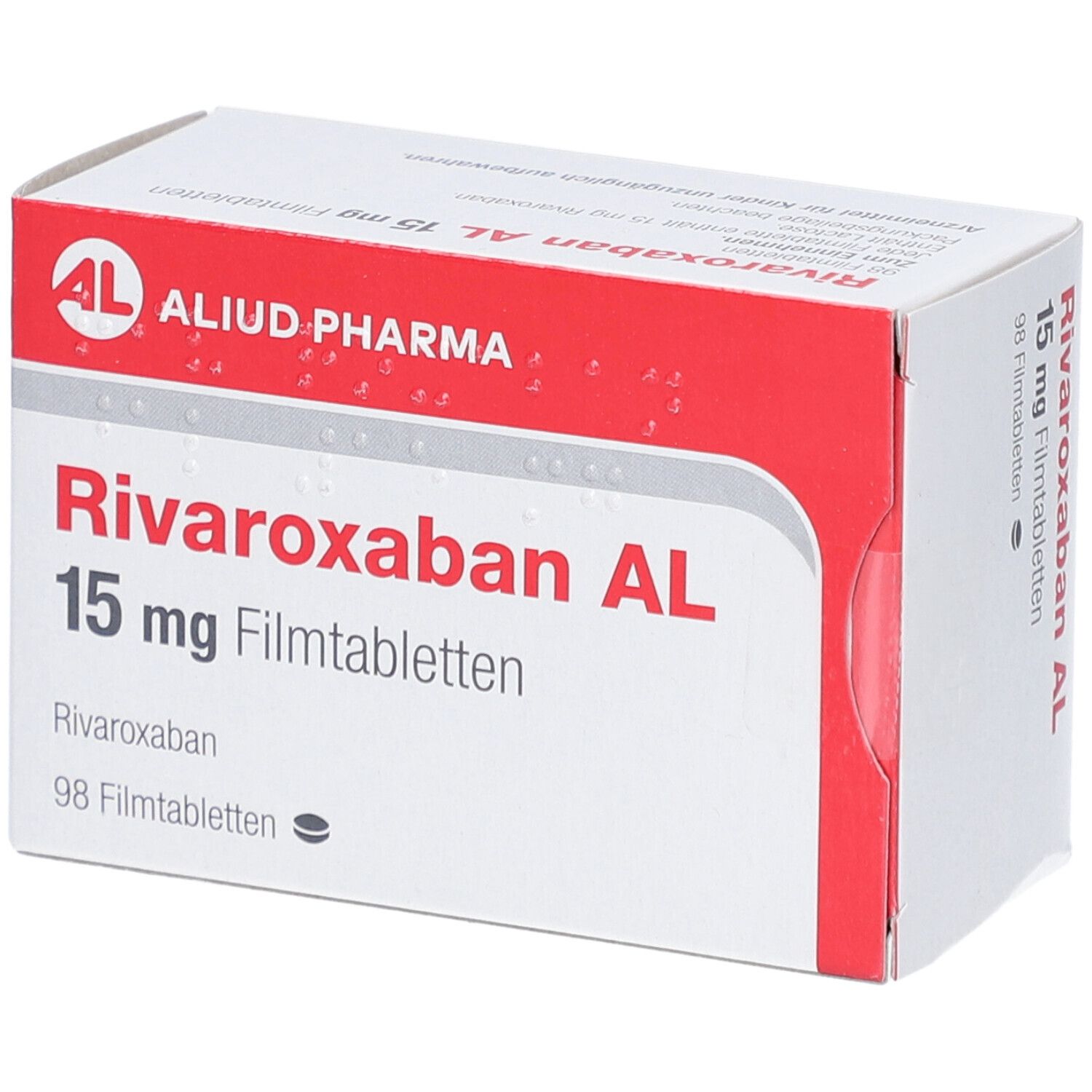 Schachtel mit RIVAROXABAN AL 15 mg Filmtabletten. Rote und weiße Verpackung. AL-Logo. 98 Filmtabletten.