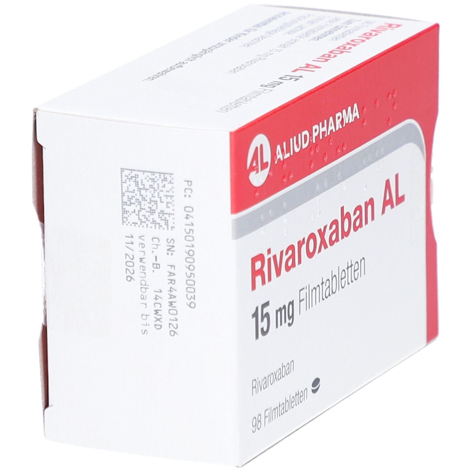 Schachtel mit RIVAROXABAN AL 15 mg Filmtabletten. Rote und weiße Verpackung. AL-Logo. 98 Filmtabletten.
