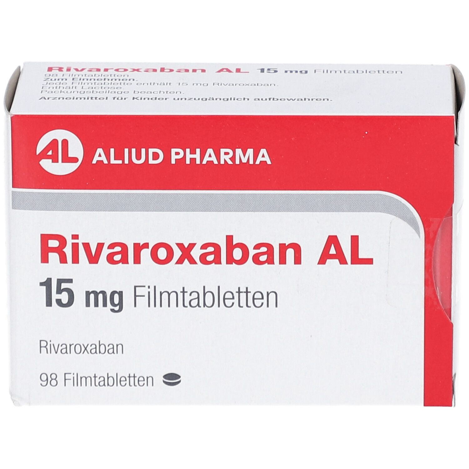 Schachtel mit RIVAROXABAN AL 15 mg Filmtabletten. Rote und weiße Verpackung. AL-Logo. 98 Filmtabletten.