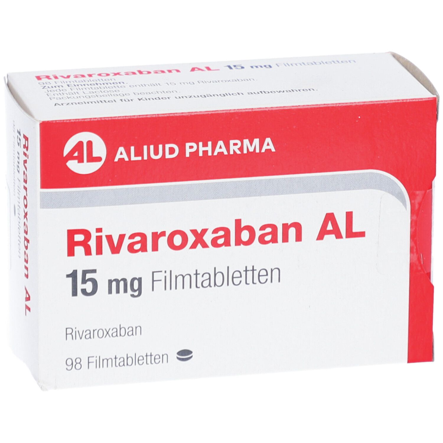 Schachtel mit RIVAROXABAN AL 15 mg Filmtabletten. Rote und weiße Verpackung. AL-Logo. 98 Filmtabletten.