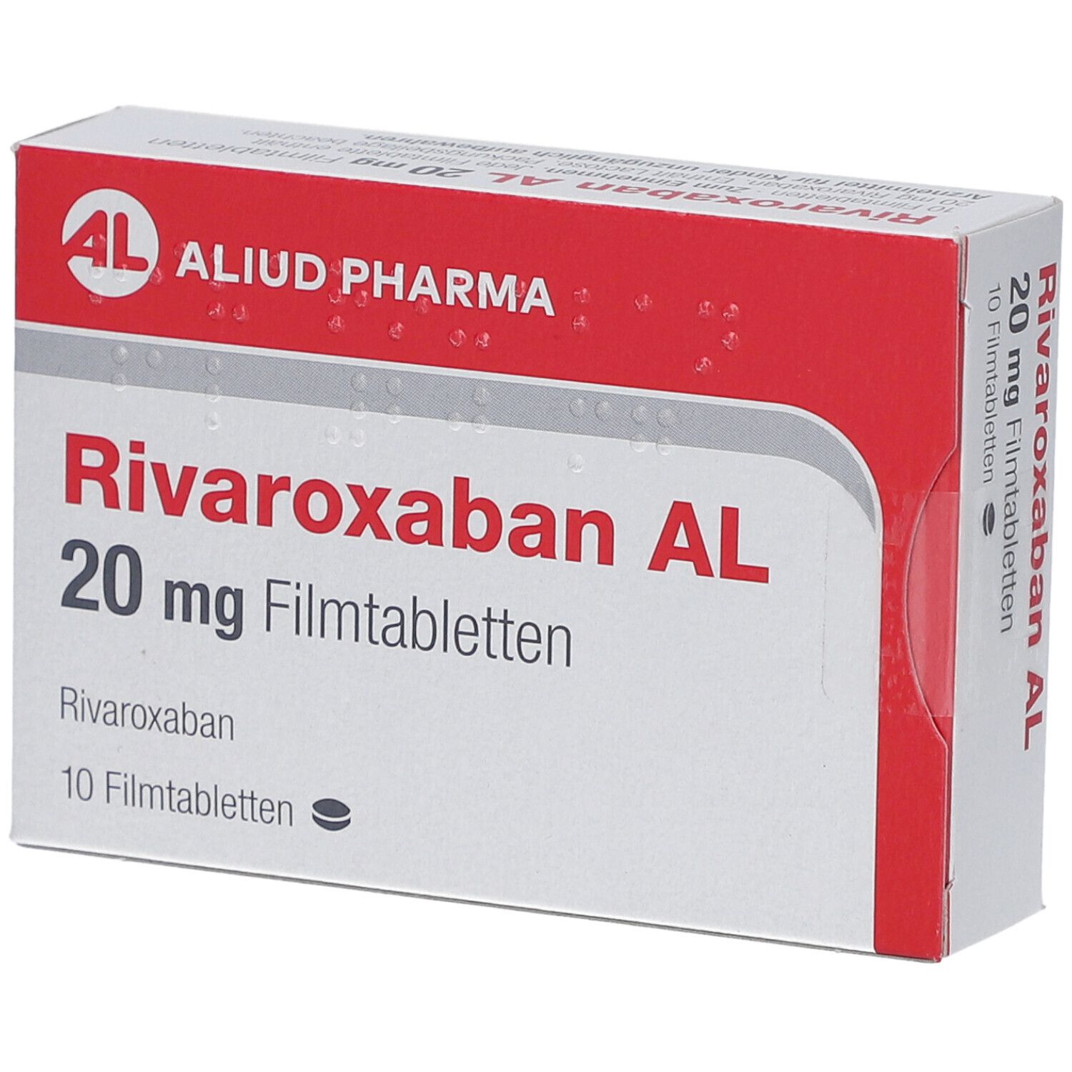 Schachtel mit RIVAROXABAN AL 20 mg Filmtabletten. Rote und weiße Verpackung mit Produktnamen und AL-Logo.