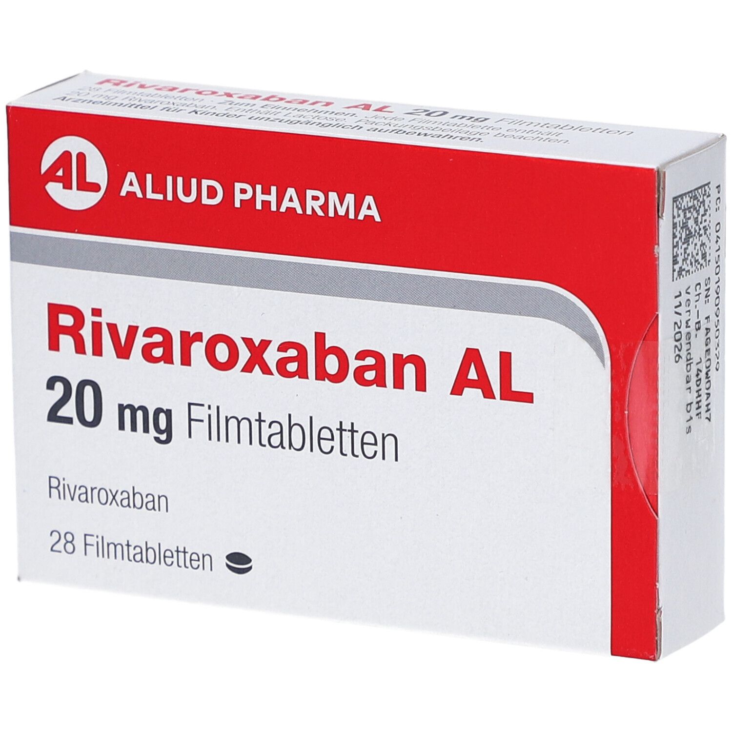 Schachtel RIVAROXABAN AL 20 mg Filmtabletten. AL, ALIUD PHARMA Logo. Rote und weiße Verpackung. 28 Filmtabletten.