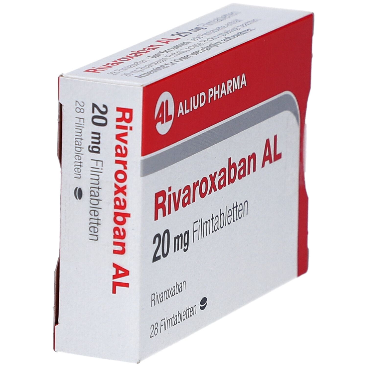 Schachtel RIVAROXABAN AL 20 mg Filmtabletten. AL, ALIUD PHARMA Logo. Rote und weiße Verpackung. 28 Filmtabletten.