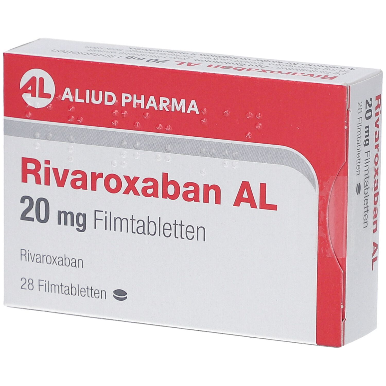 Schachtel RIVAROXABAN AL 20 mg Filmtabletten. AL, ALIUD PHARMA Logo. Rote und weiße Verpackung. 28 Filmtabletten.