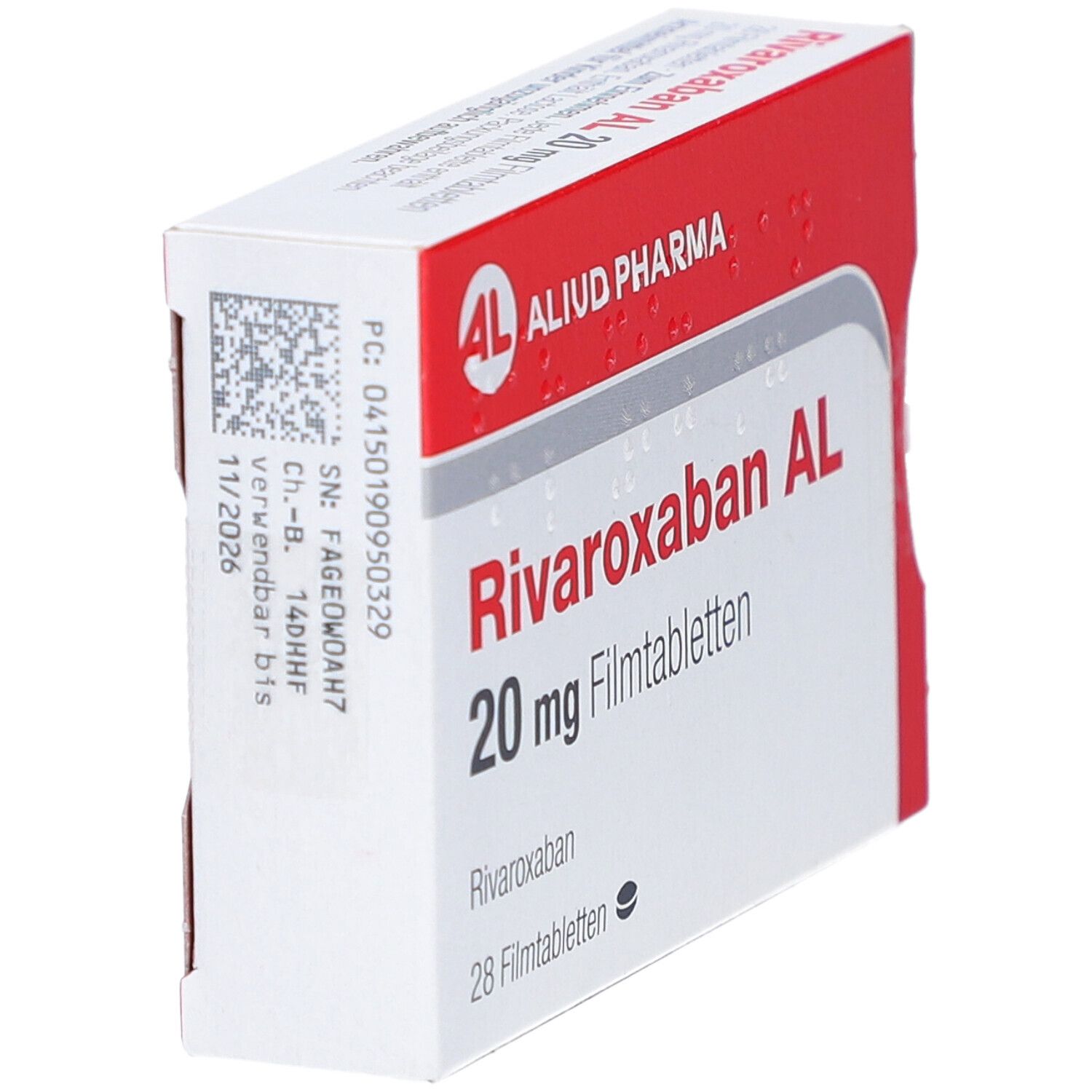 Schachtel RIVAROXABAN AL 20 mg Filmtabletten. AL, ALIUD PHARMA Logo. Rote und weiße Verpackung. 28 Filmtabletten.