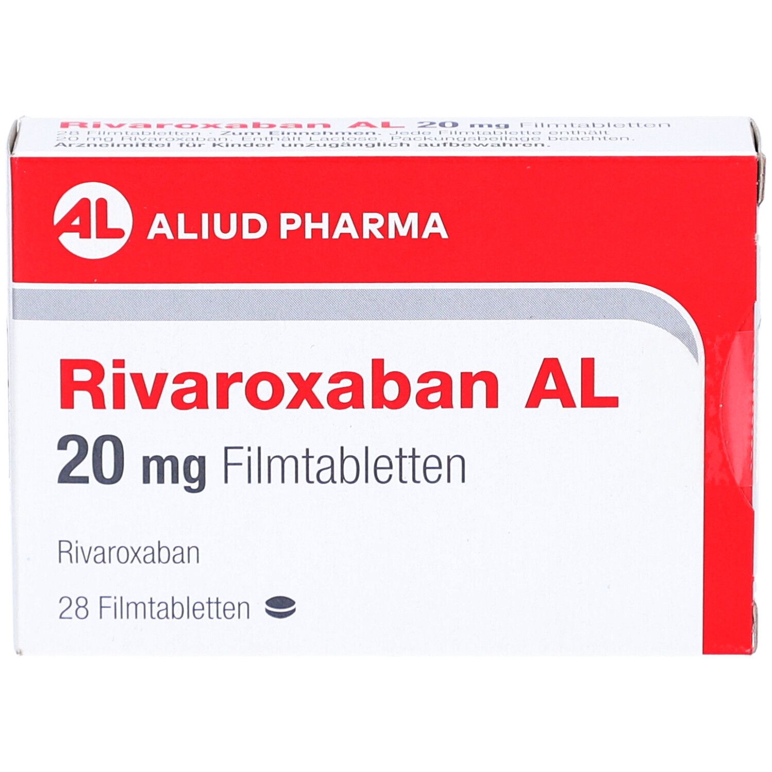 Schachtel RIVAROXABAN AL 20 mg Filmtabletten. AL, ALIUD PHARMA Logo. Rote und weiße Verpackung. 28 Filmtabletten.