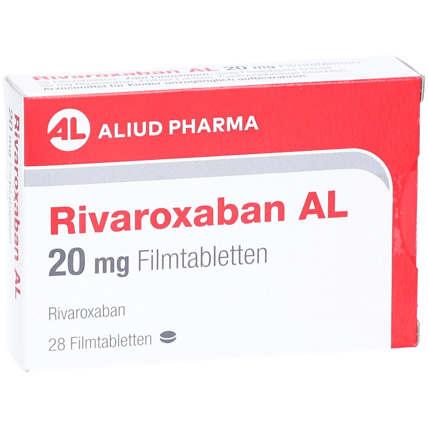 Schachtel RIVAROXABAN AL 20 mg Filmtabletten. AL, ALIUD PHARMA Logo. Rote und weiße Verpackung. 28 Filmtabletten.