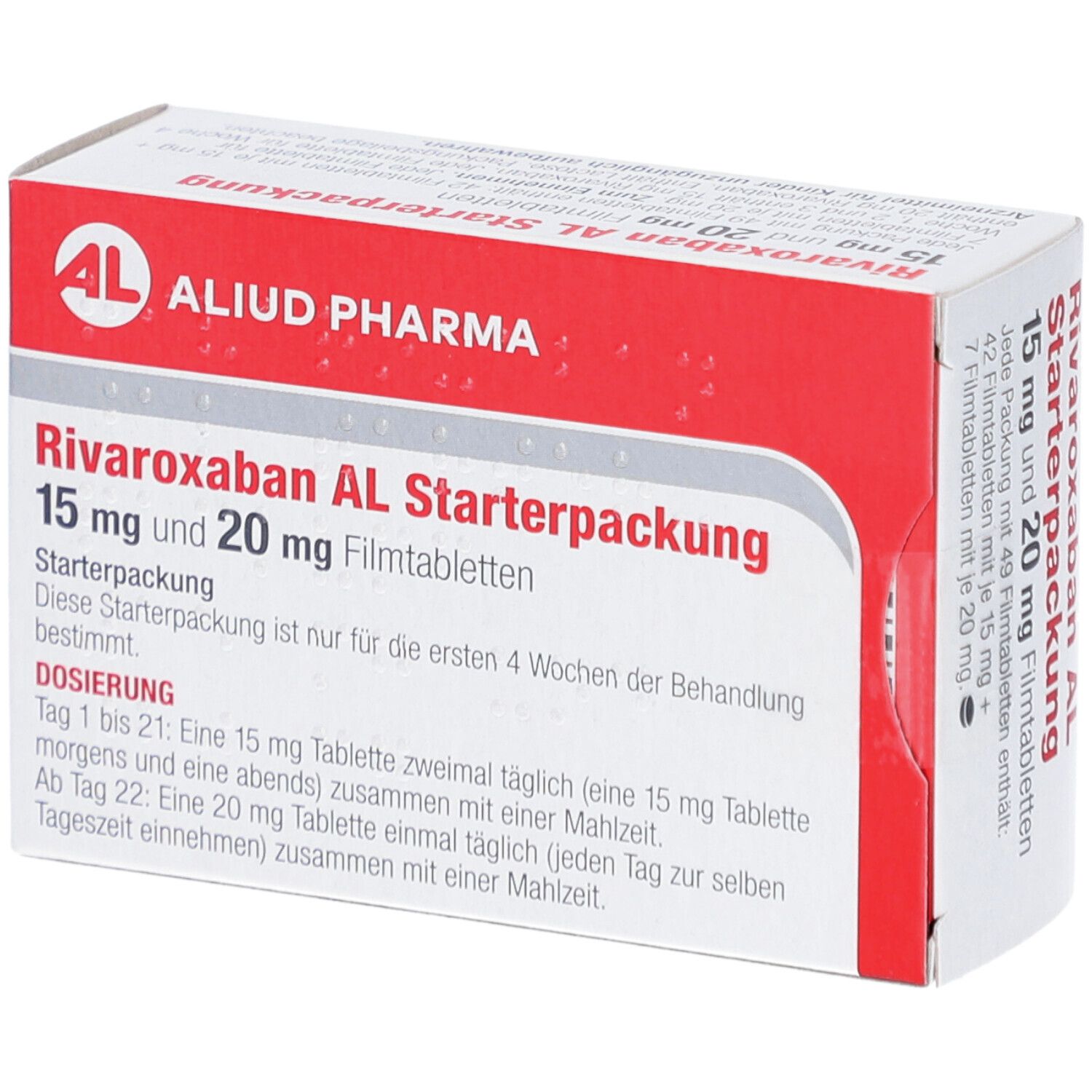 Schachtel mit rotem Deckel und weißer Seite. Aufschrift Rivaroxaban AL Starterpackung 15 mg und 20 mg Filmtabletten. AL-Logo.
