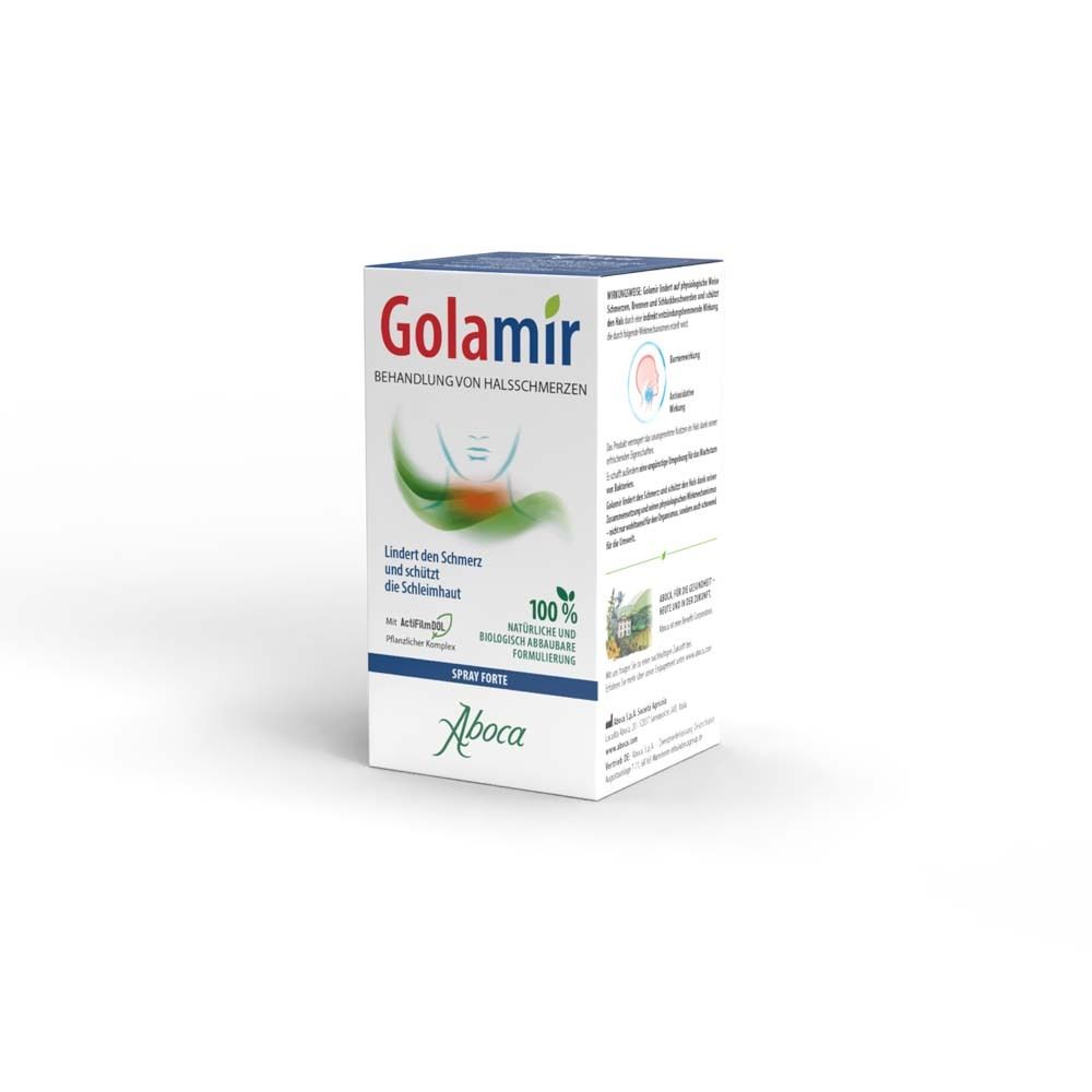 Produktverpackung mit Produktnamen und Text. Aboca-Logo. 100% natürliche Formel. Spray Forte.