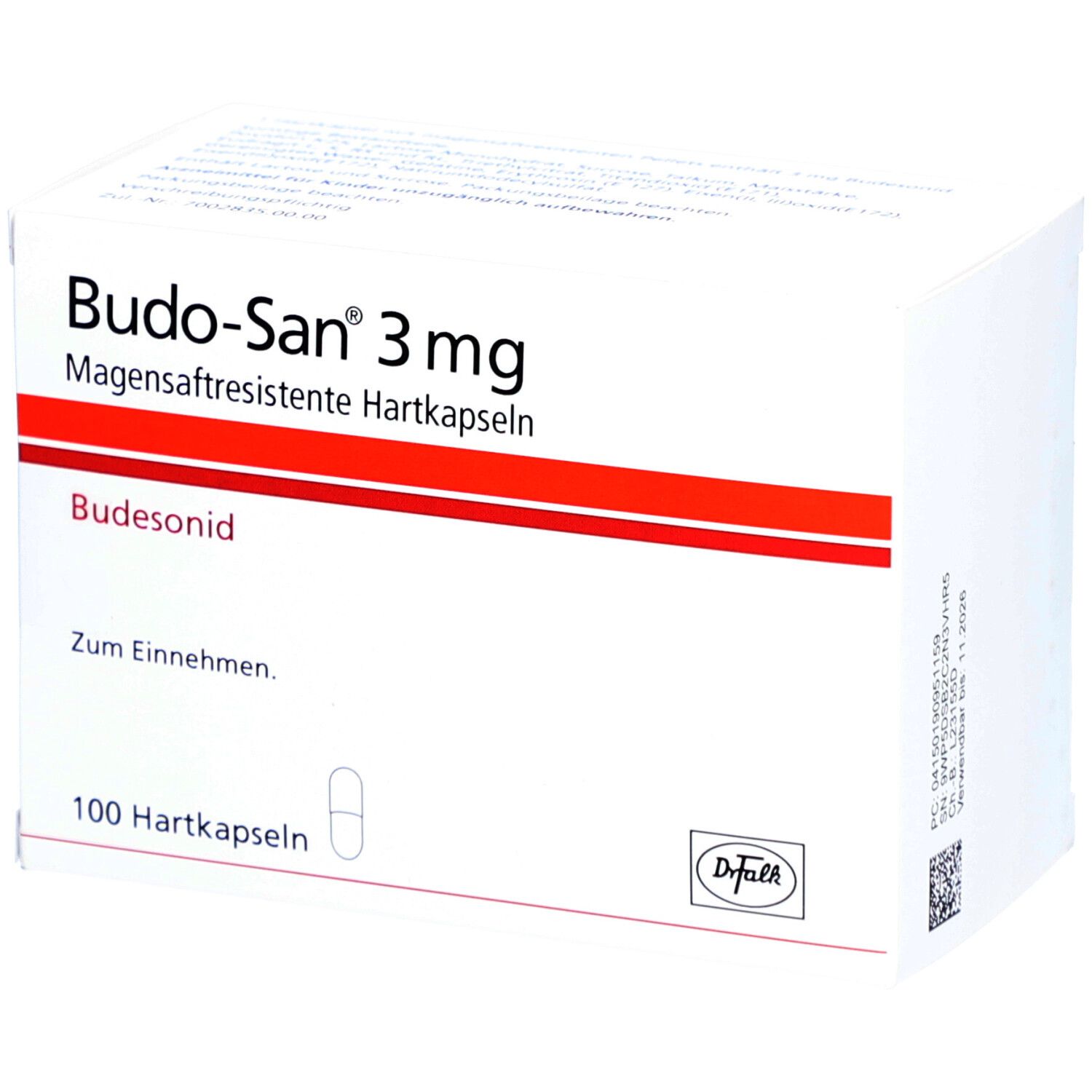Weiße Faltschachtel mit roter Linie. Aufschrift: Budo-San 3 mg magensaftresistente Hartkapseln. 100 Hartkapseln. Dr. Falk Logo.