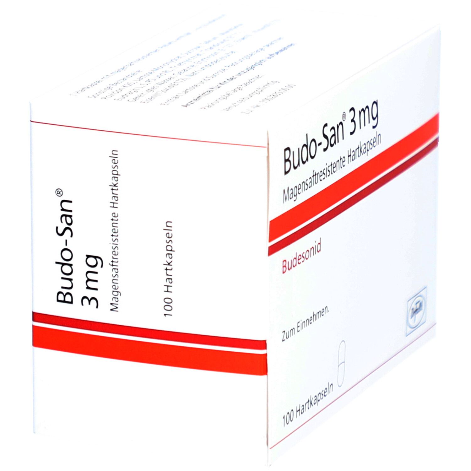 Weiße Faltschachtel mit roter Linie. Aufschrift: Budo-San 3 mg magensaftresistente Hartkapseln. 100 Hartkapseln. Dr. Falk Logo.