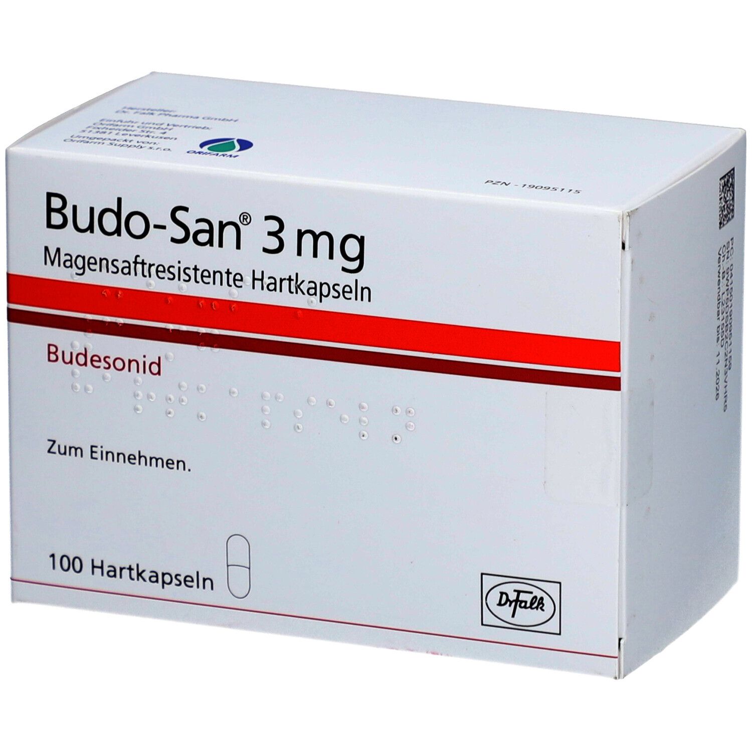Weiße Faltschachtel mit roter Linie. Aufschrift: Budo-San 3 mg magensaftresistente Hartkapseln. 100 Hartkapseln. Dr. Falk Logo.