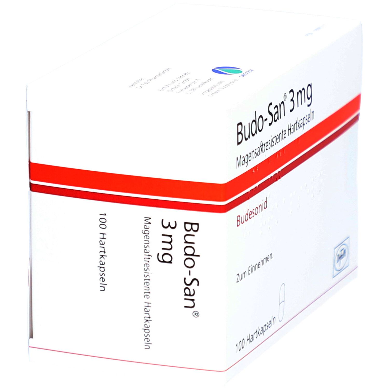 Weiße Faltschachtel mit roter Linie. Aufschrift: Budo-San 3 mg magensaftresistente Hartkapseln. 100 Hartkapseln. Dr. Falk Logo.