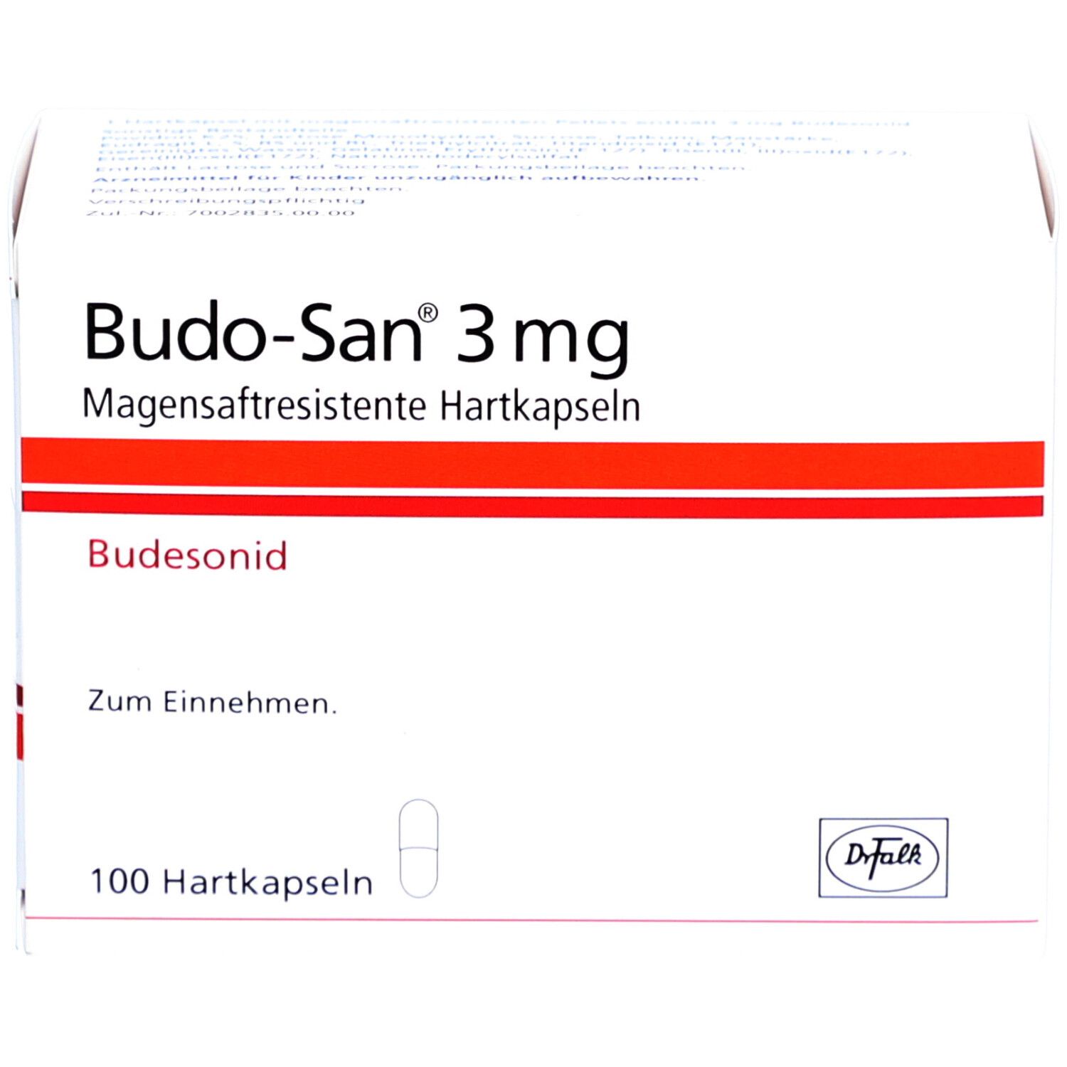 Weiße Faltschachtel mit roter Linie. Aufschrift: Budo-San 3 mg magensaftresistente Hartkapseln. 100 Hartkapseln. Dr. Falk Logo.