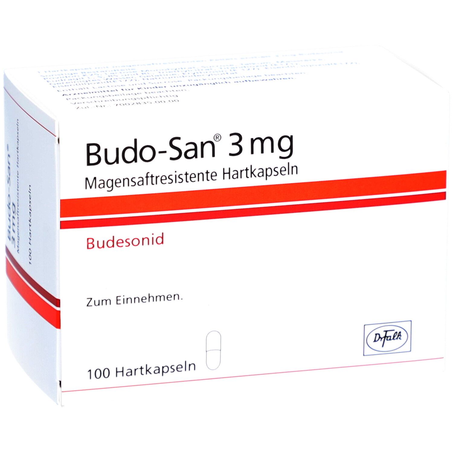 Weiße Faltschachtel mit roter Linie. Aufschrift: Budo-San 3 mg magensaftresistente Hartkapseln. 100 Hartkapseln. Dr. Falk Logo.