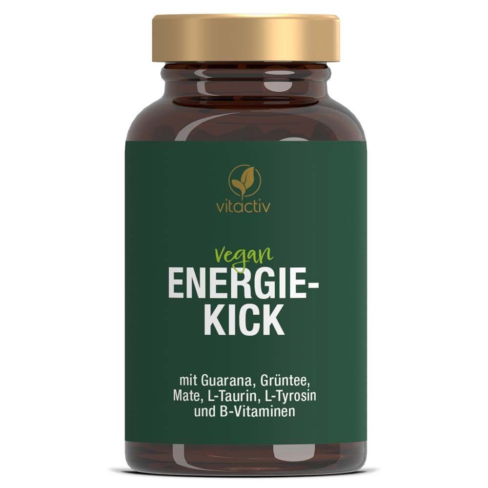 Braune Flasche mit grüner Aufschrift: Vegan ENERGIE-KICK. Enthält Guarana, Grüntee, Mate, L-Taurin, L-Tyrosin, B-Vitamine.