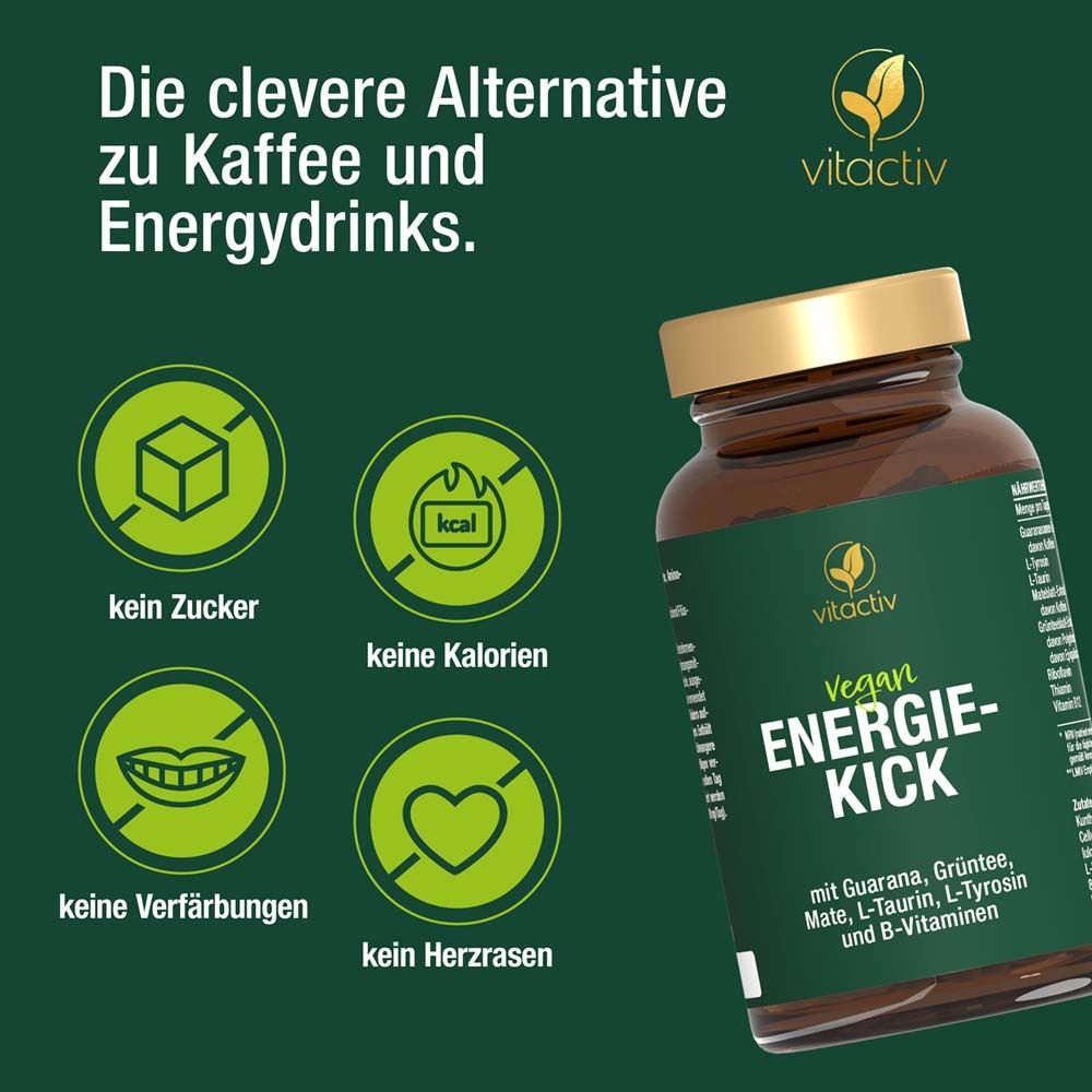 Braune Flasche mit grüner Aufschrift: Vegan ENERGIE-KICK. Vier grüne Icons: kein Zucker, keine Kalorien, keine Verfärbungen, kein Herzrasen.
