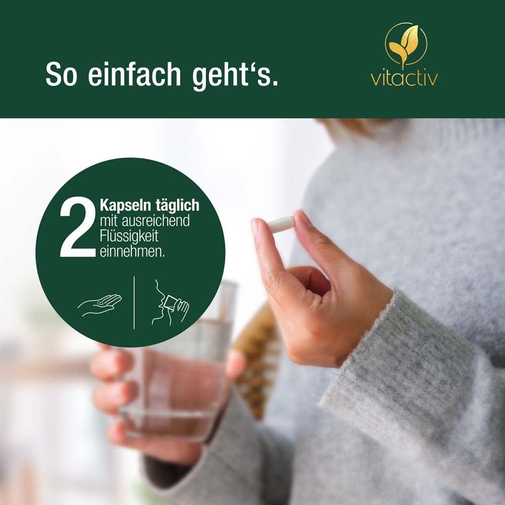 Person nimmt Kapsel. Text: 2 Kapseln täglich mit ausreichend Flüssigkeit einnehmen. Logo vitactiv.