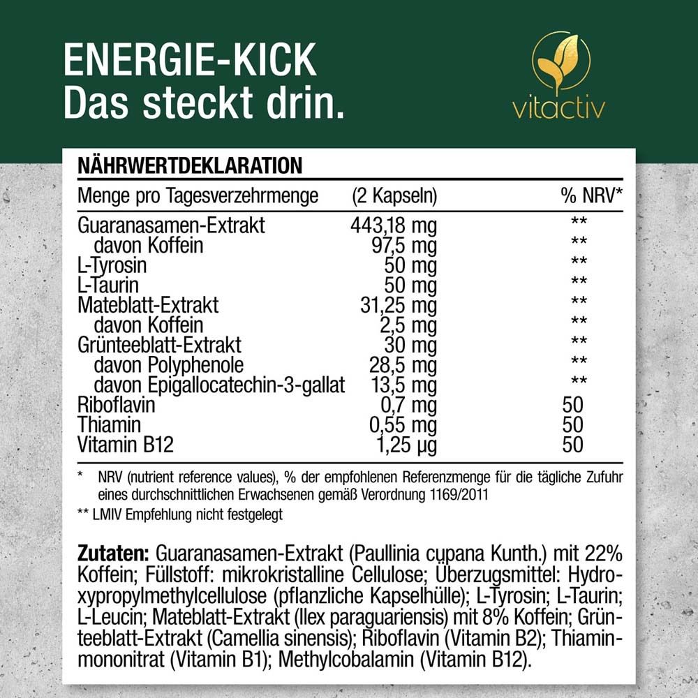 Nährwertdeklaration für ENERGIE-KICK. Inhaltsstoffe: Guaranasamen-Extrakt, Koffein, L-Tyrosin, L-Taurin, Mateblatt-Extrakt, Grüntee-Extrakt.