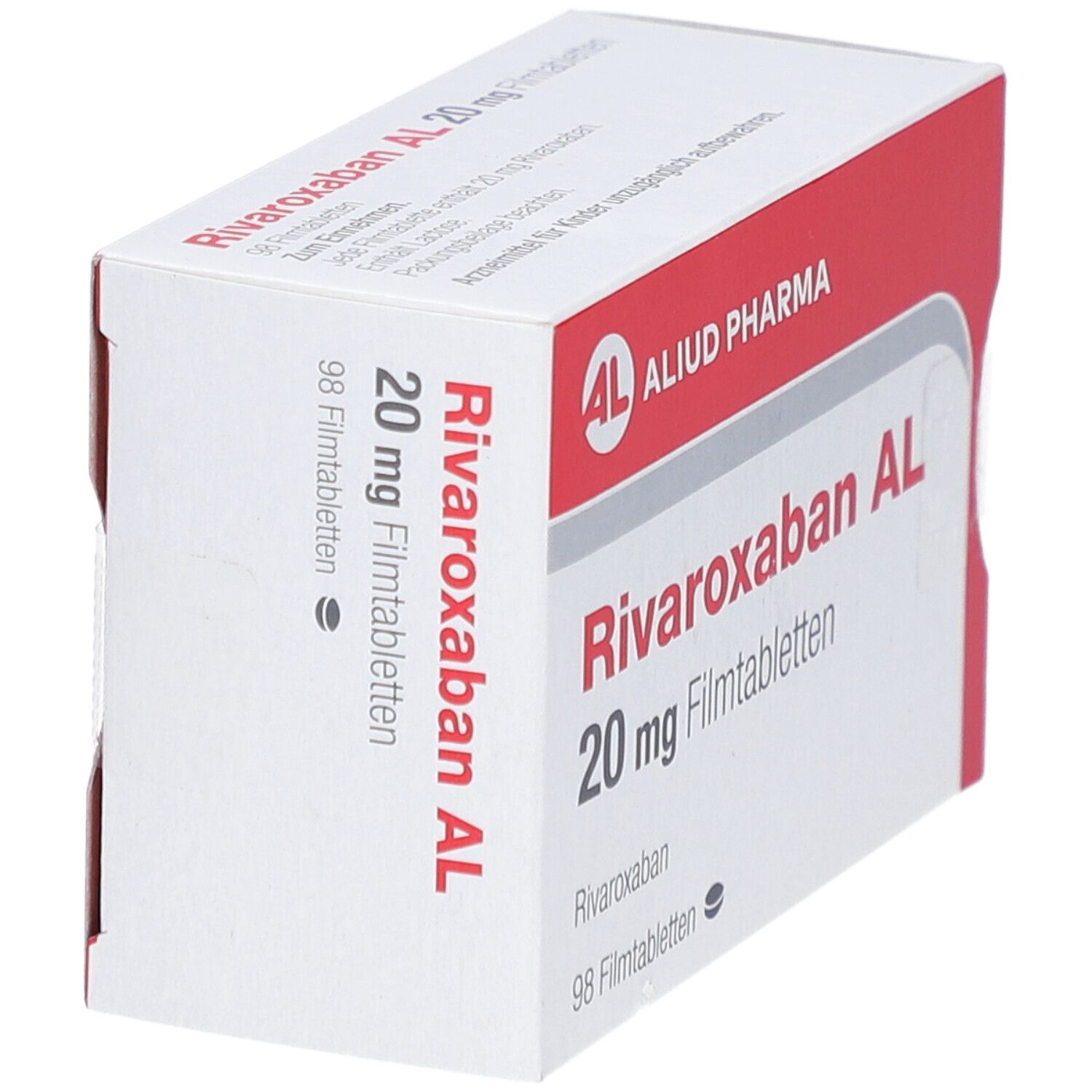 Schachtel RIVAROXABAN AL 20 mg Filmtabletten. Weiße Verpackung mit rotem Akzent. AL-Logo. Text: 98 Filmtabletten.