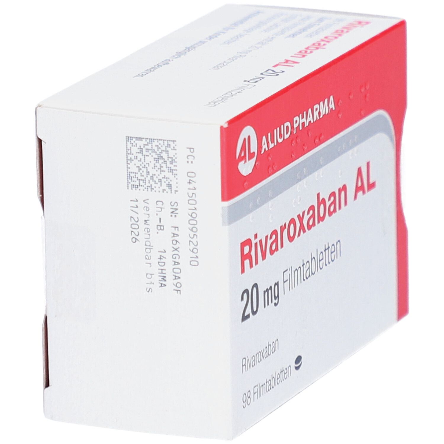 Schachtel RIVAROXABAN AL 20 mg Filmtabletten. Weiße Verpackung mit rotem Akzent. AL-Logo. Text: 98 Filmtabletten.
