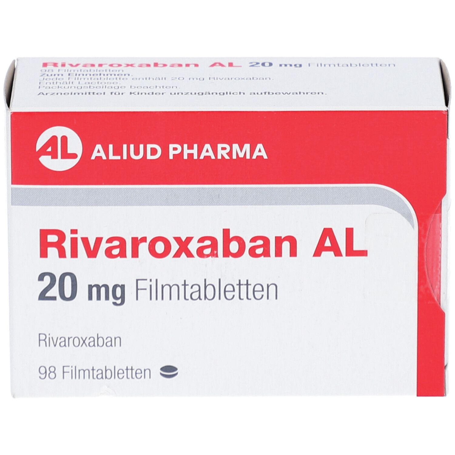 Schachtel mit RIVAROXABAN AL 20 mg Filmtabletten. Rote und weiße Verpackung. AL-Logo. Text: 98 Filmtabletten.