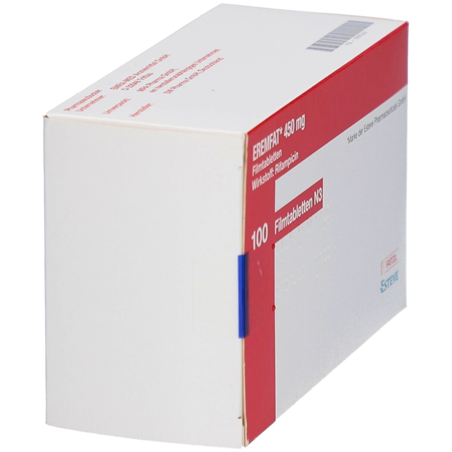 Schachtel EREMFAT 450 mg Filmtabletten, schräg. Rote und weiße Verpackung. Barcode auf der Oberseite.