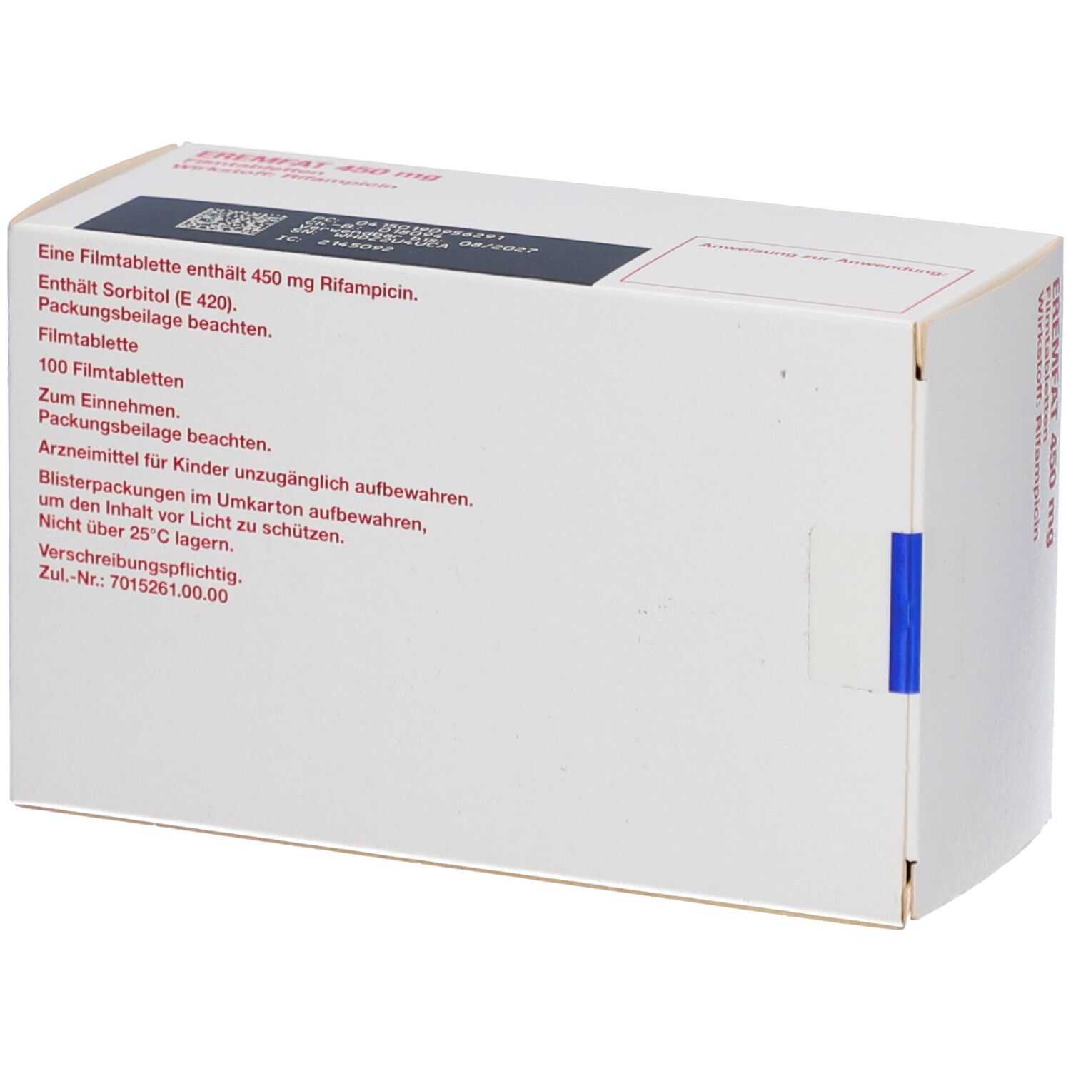 Rückseite der EREMFAT 450 mg Filmtabletten-Schachtel. Enthält Informationen zu Inhaltsstoffen und Lagerung.